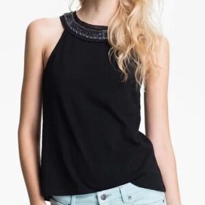 NWT Free People Black Ombr Beaded Embellished Neck Halter Tank Top XS Boho Light